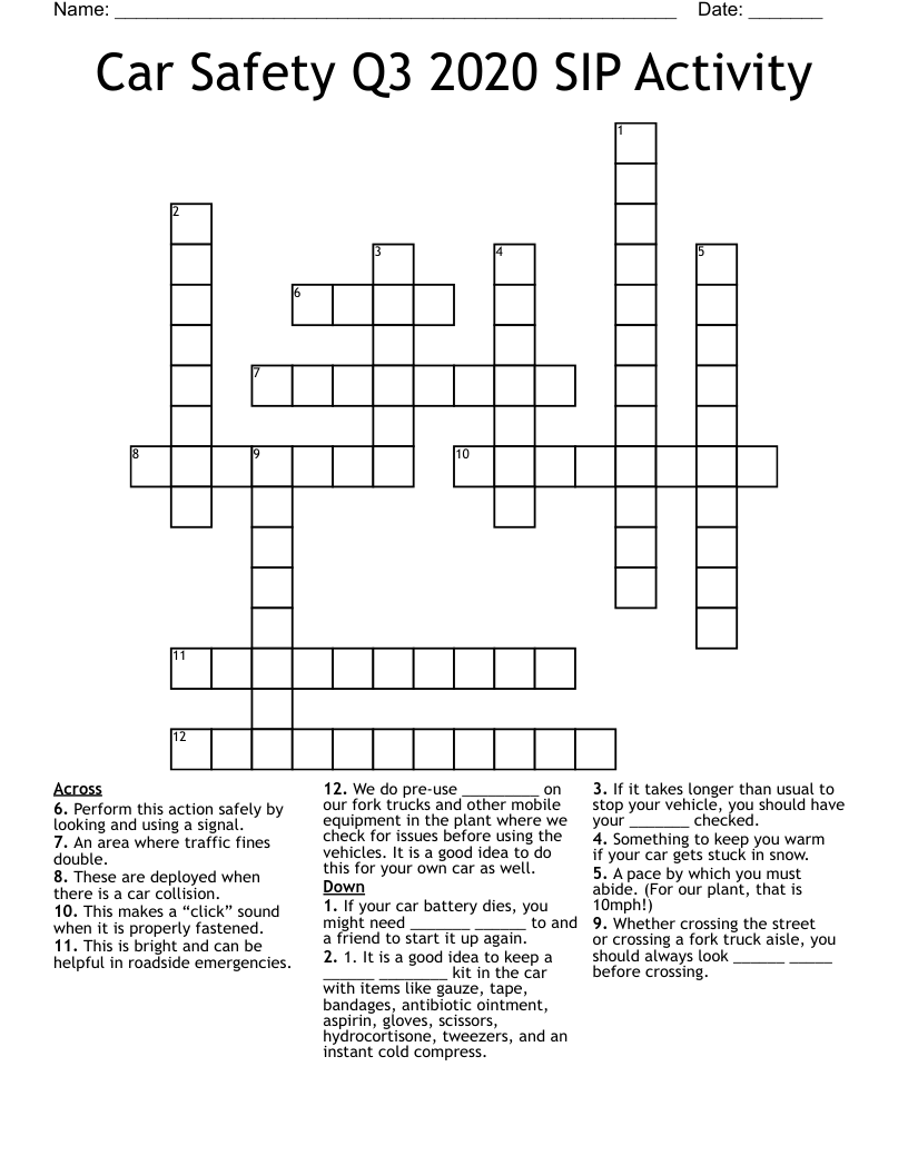 Car Safety Q3 2020 SIP Activity Crossword