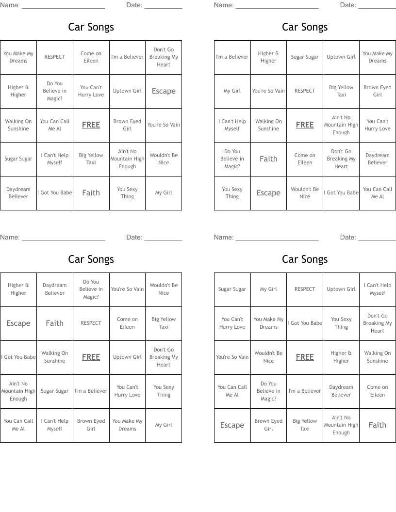 Car Songs Bingo Cards