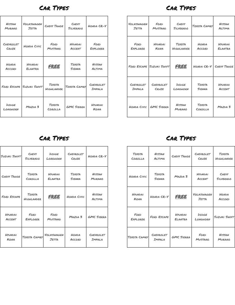 Car Types Bingo Cards