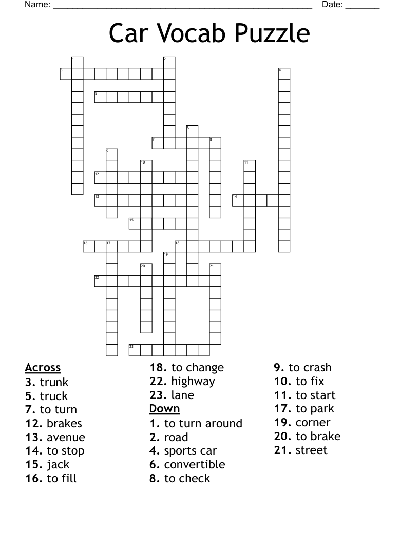 Car Vocab Puzzle Crossword