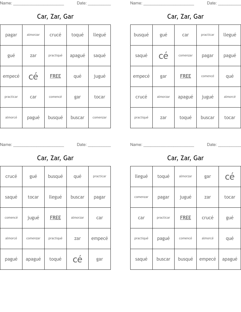 Car, Zar, Gar Bingo Cards