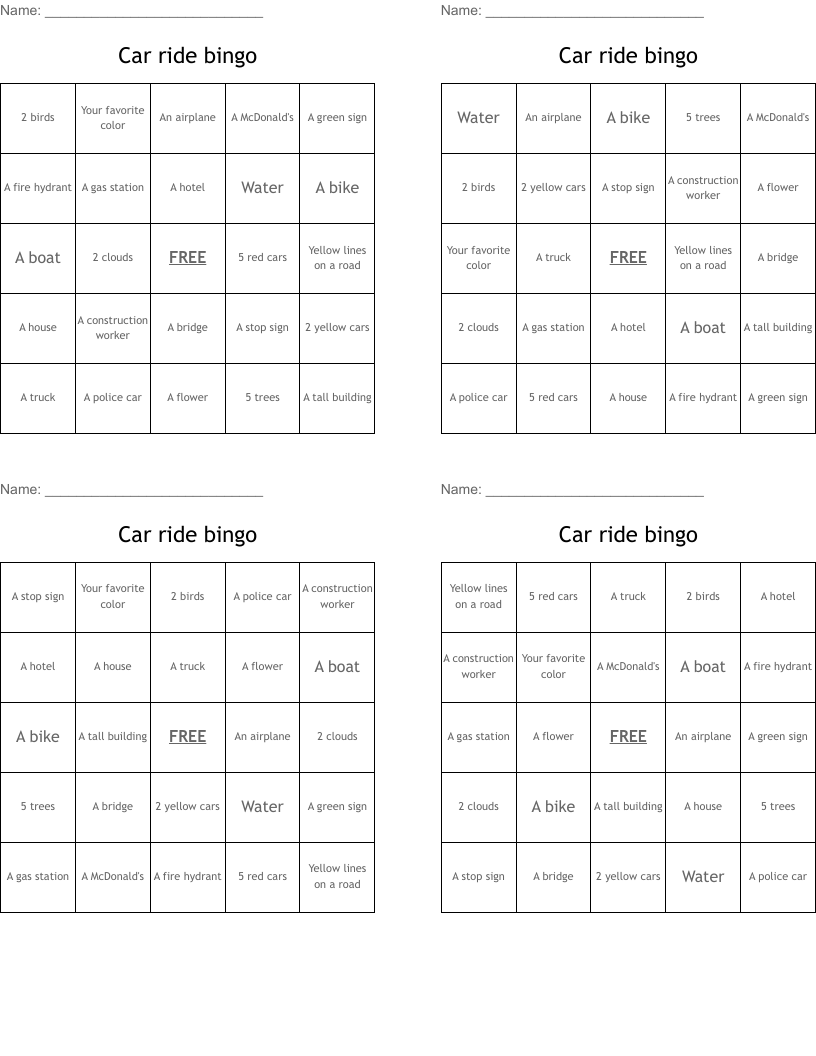 Car ride bingo 