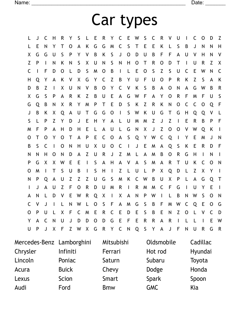 Car types Word Search