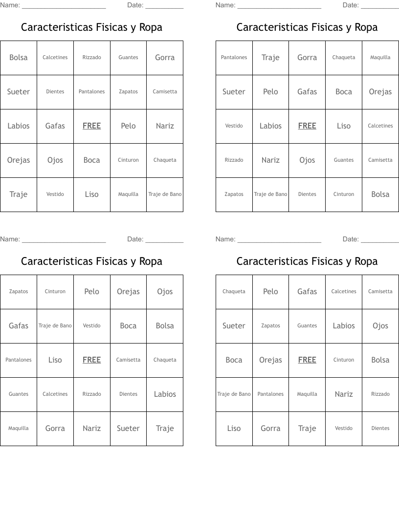 Caracteristicas Fisicas y Ropa Bingo Cards