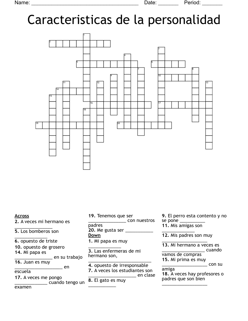 Caracteristicas de  la personalidad Crossword