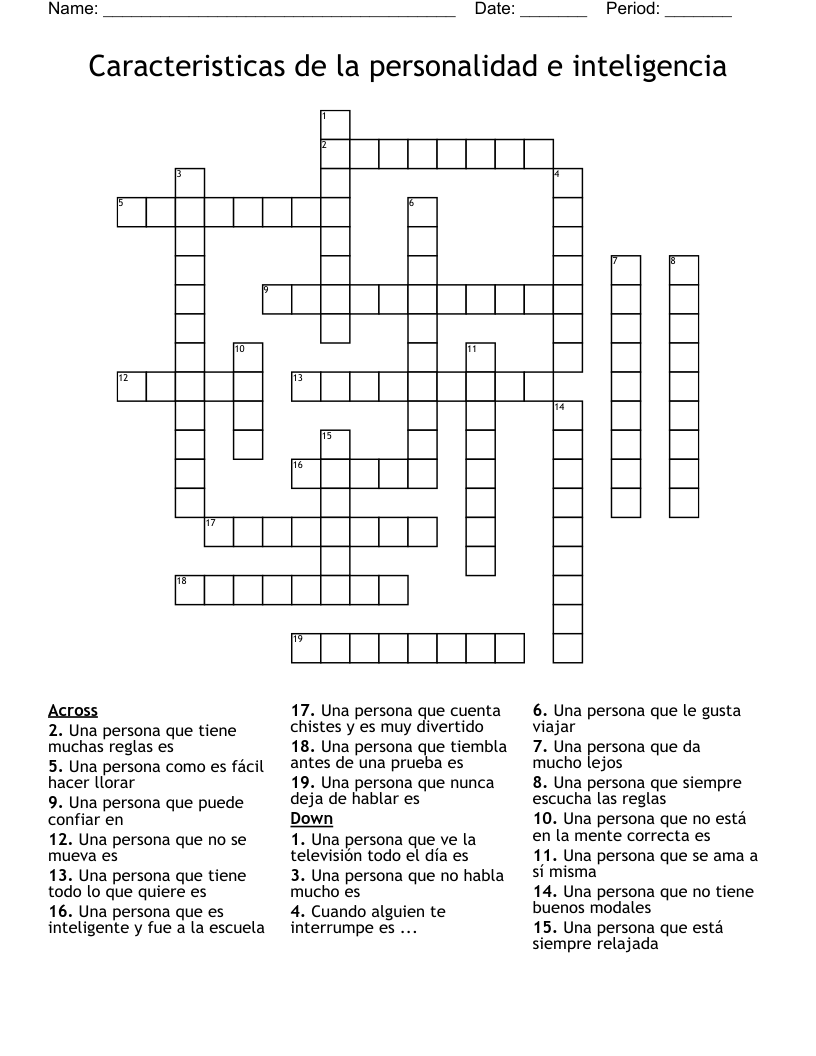 Caracteristicas de la personalidad e inteligencia  Crossword