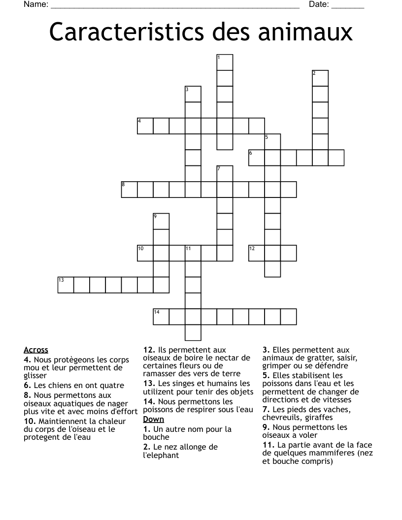 Caracteristics des animaux Crossword