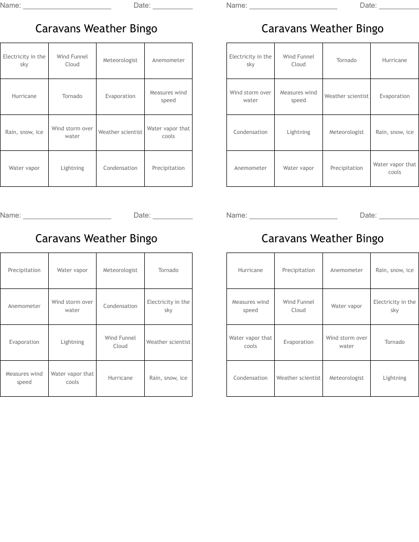 Caravans Weather Bingo