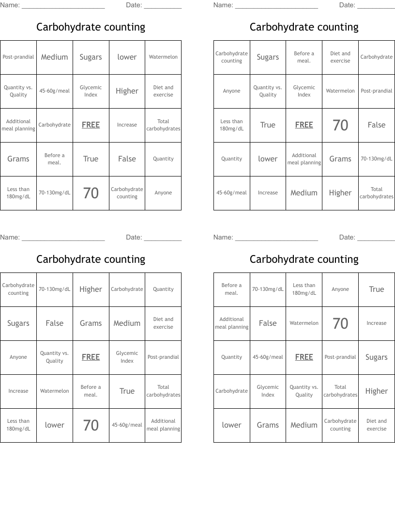 Carbohydrate counting Bingo Cards