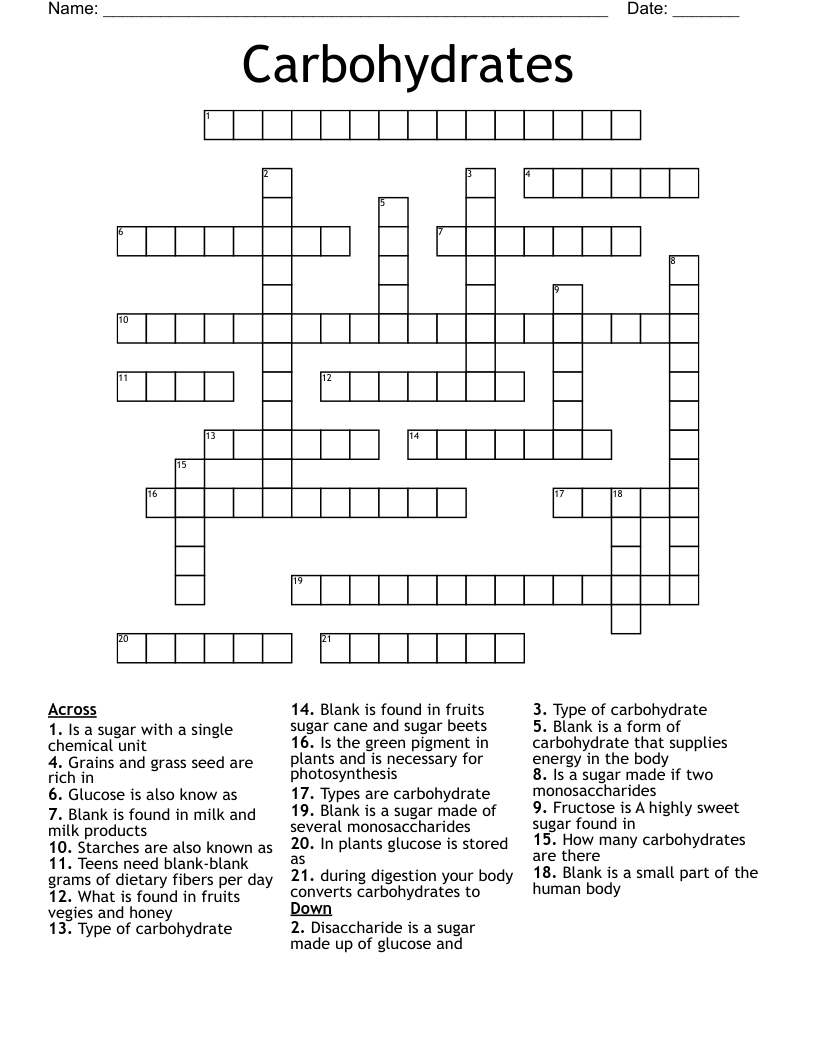 Carbohydrates Crossword