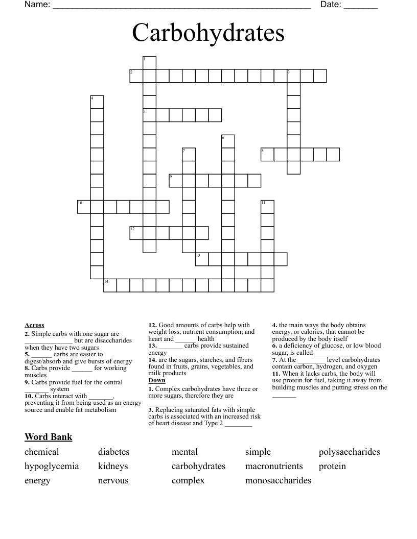 Carbohydrates Crossword