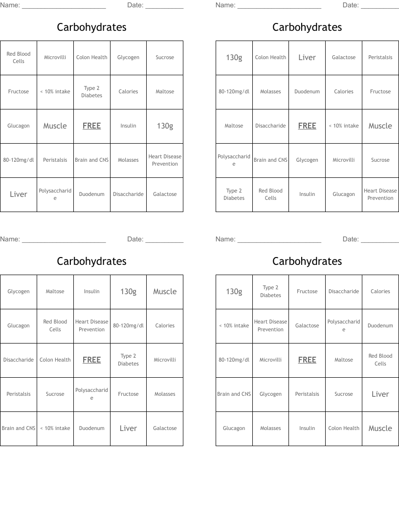 Carbohydrates Bingo Cards