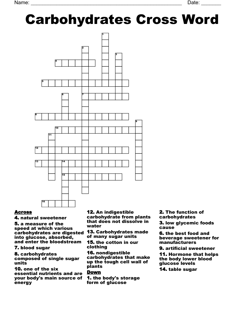 Carbohydrates Cross Word