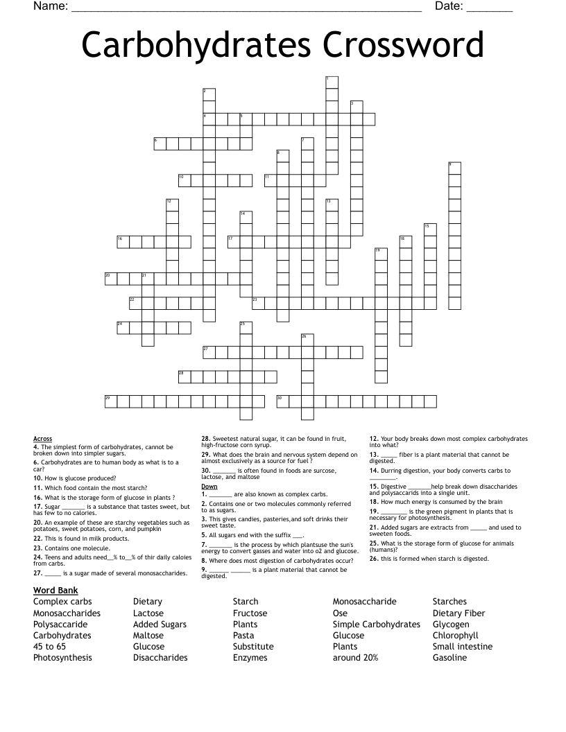 Carbohydrates Crossword