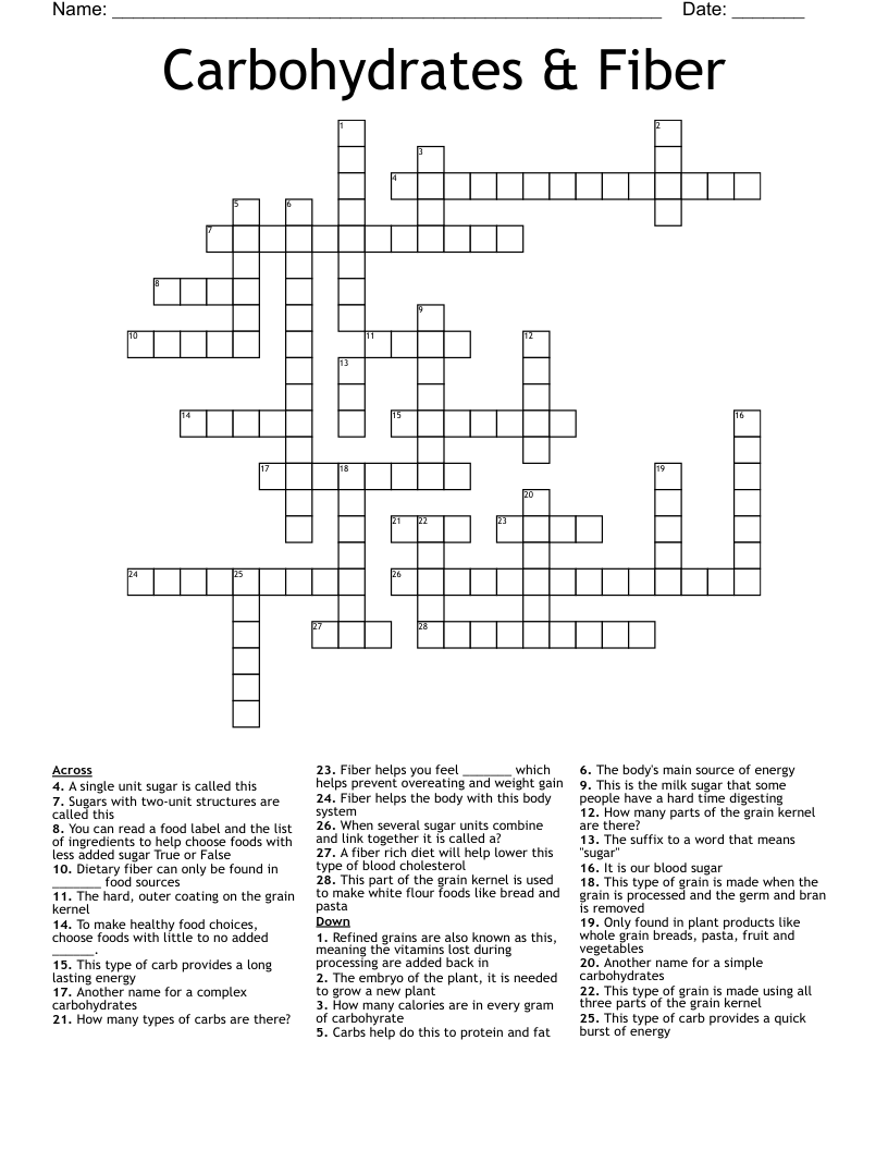 Carbohydrates & Fiber Crossword