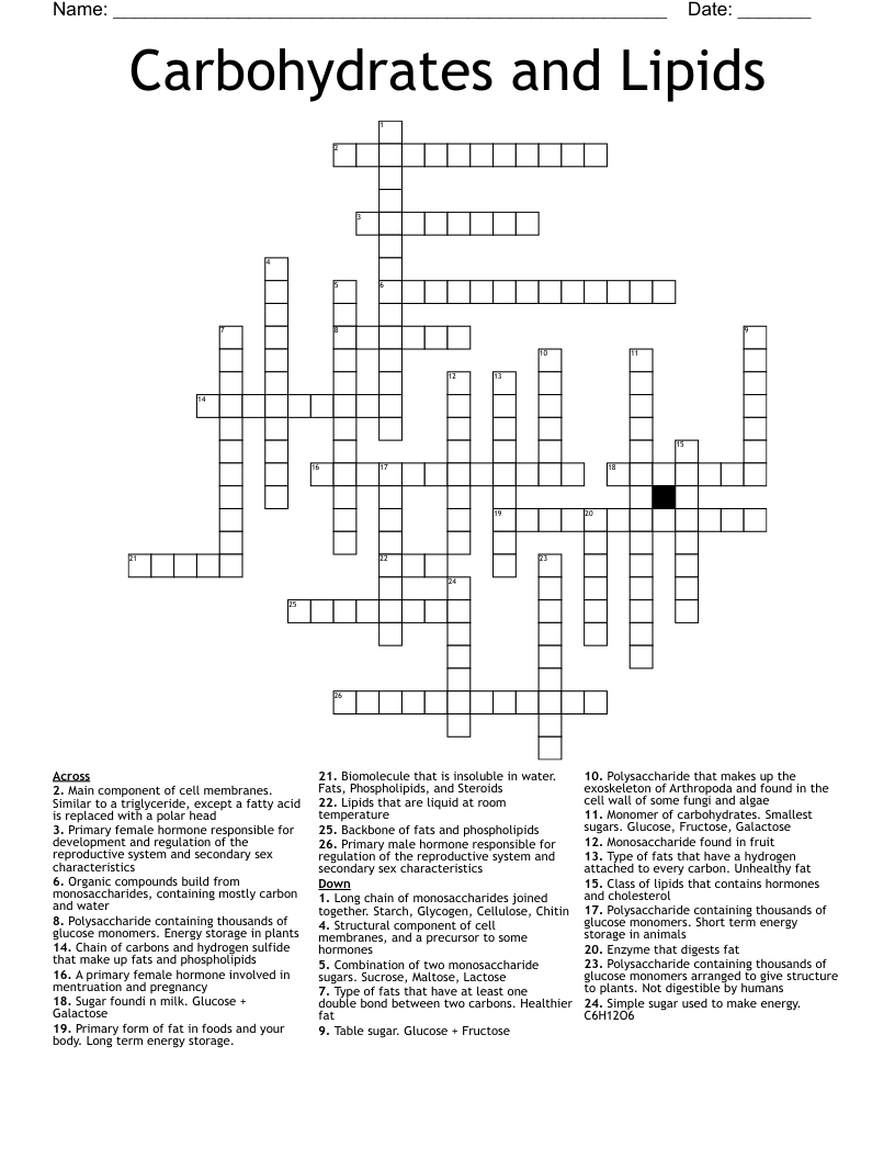 Carbohydrates and Lipids Crossword