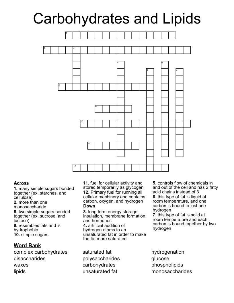 Carbohydrates and Lipids Crossword