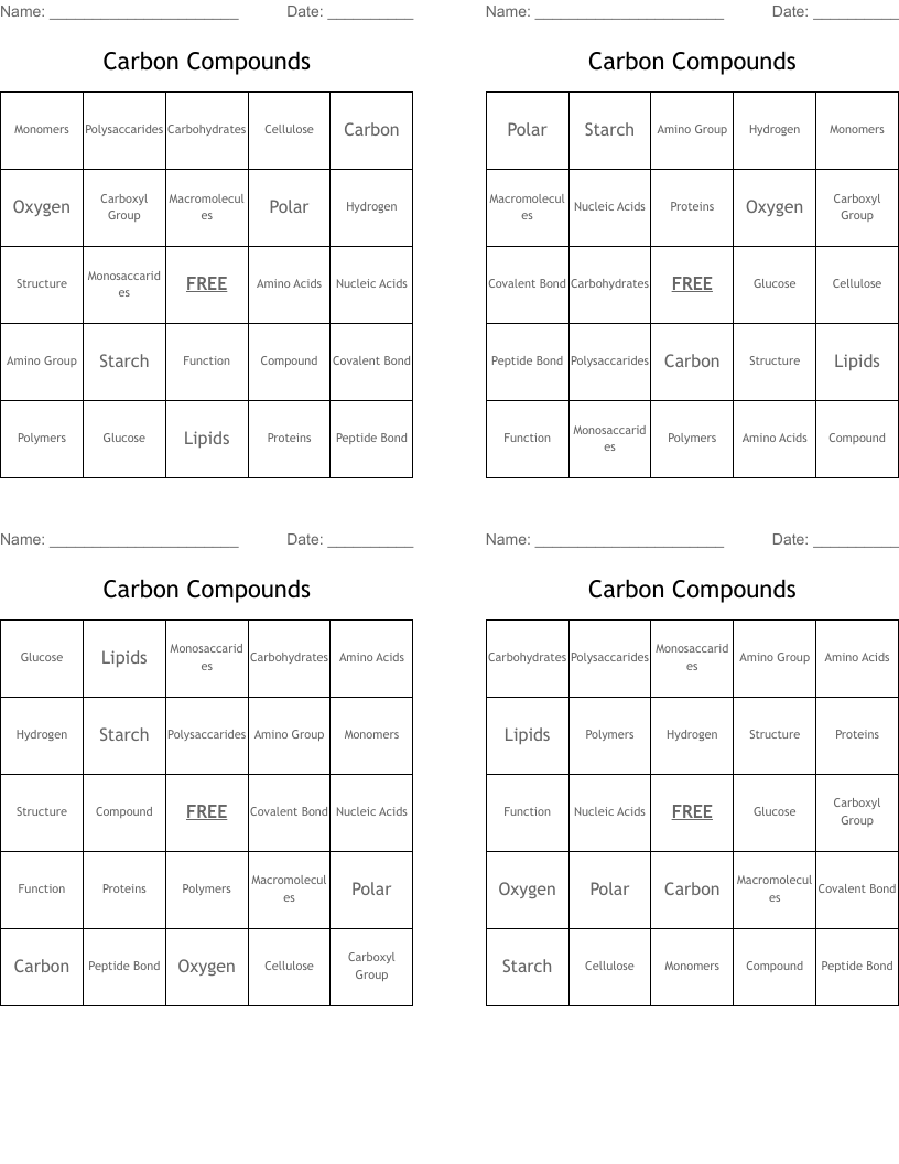 Carbon Compounds Bingo Cards