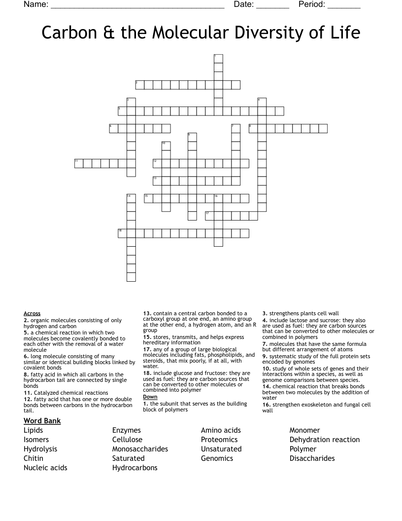 Carbon & the Molecular Diversity of Life Crossword