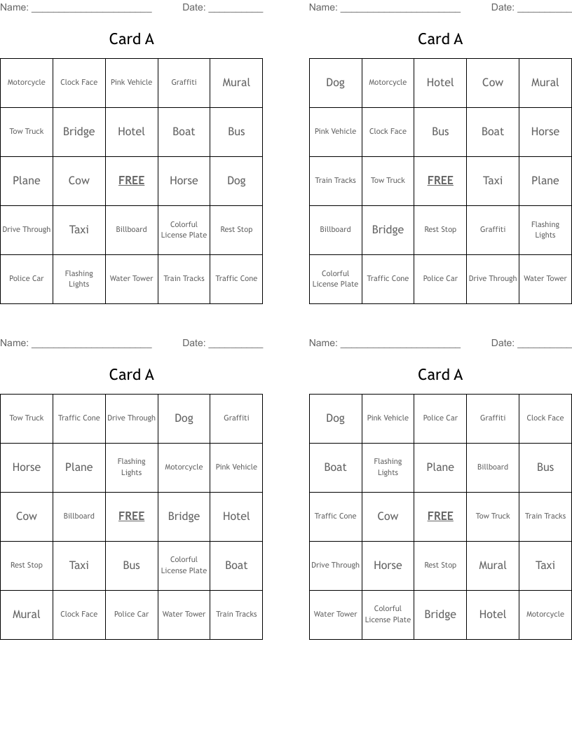 Card A Bingo Cards