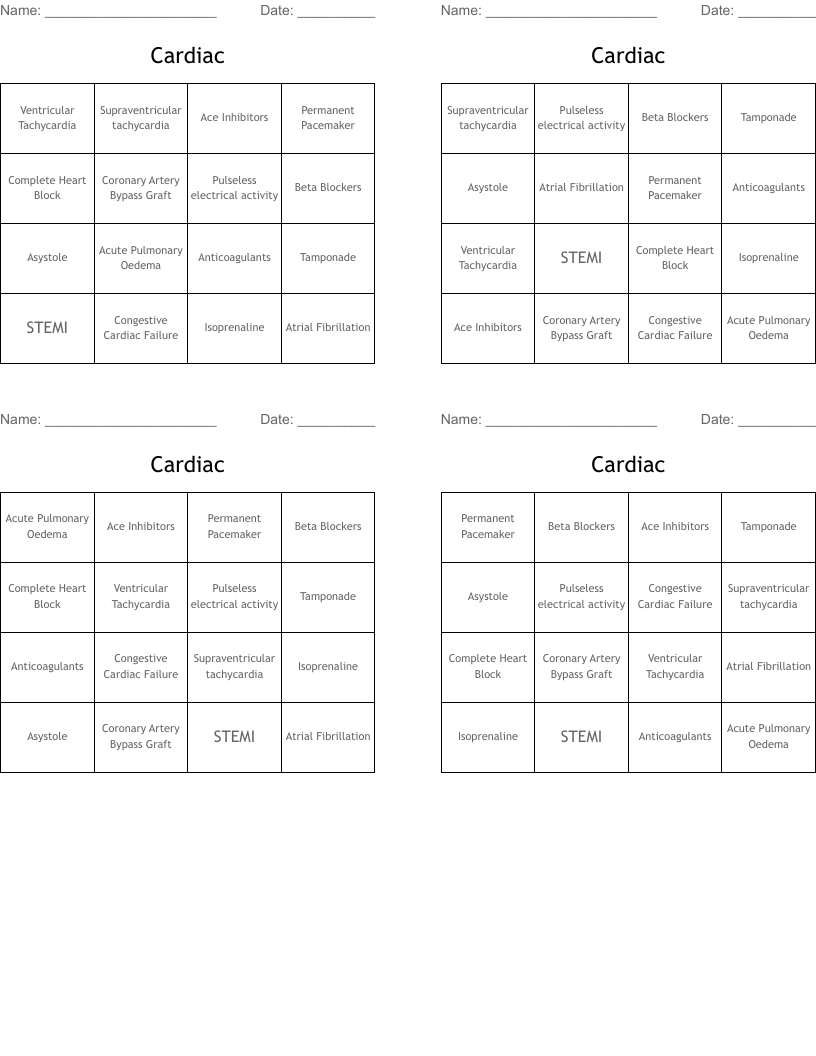 Cardiac Bingo Cards