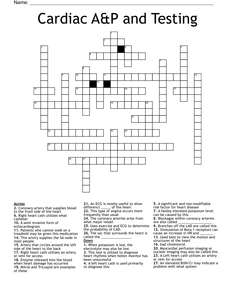 Cardiac A&P and Testing Crossword