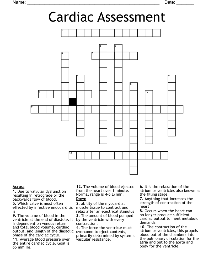 Cardiac Assessment Crossword