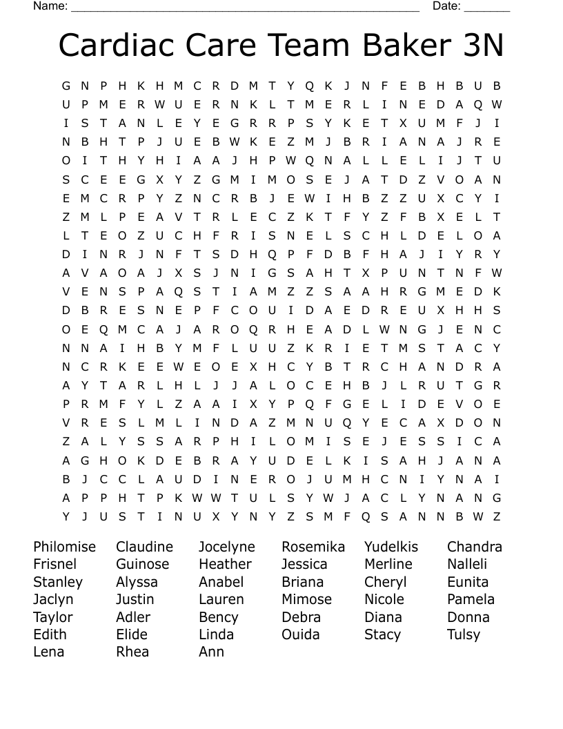 Cardiac Care Team Baker 3N Word Search