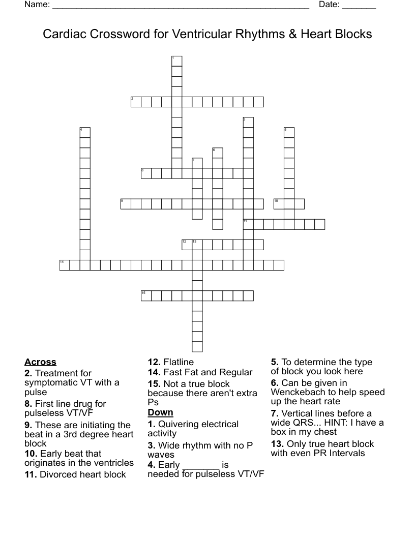 Cardiac Crossword for Ventricular Rhythms & Heart Blocks