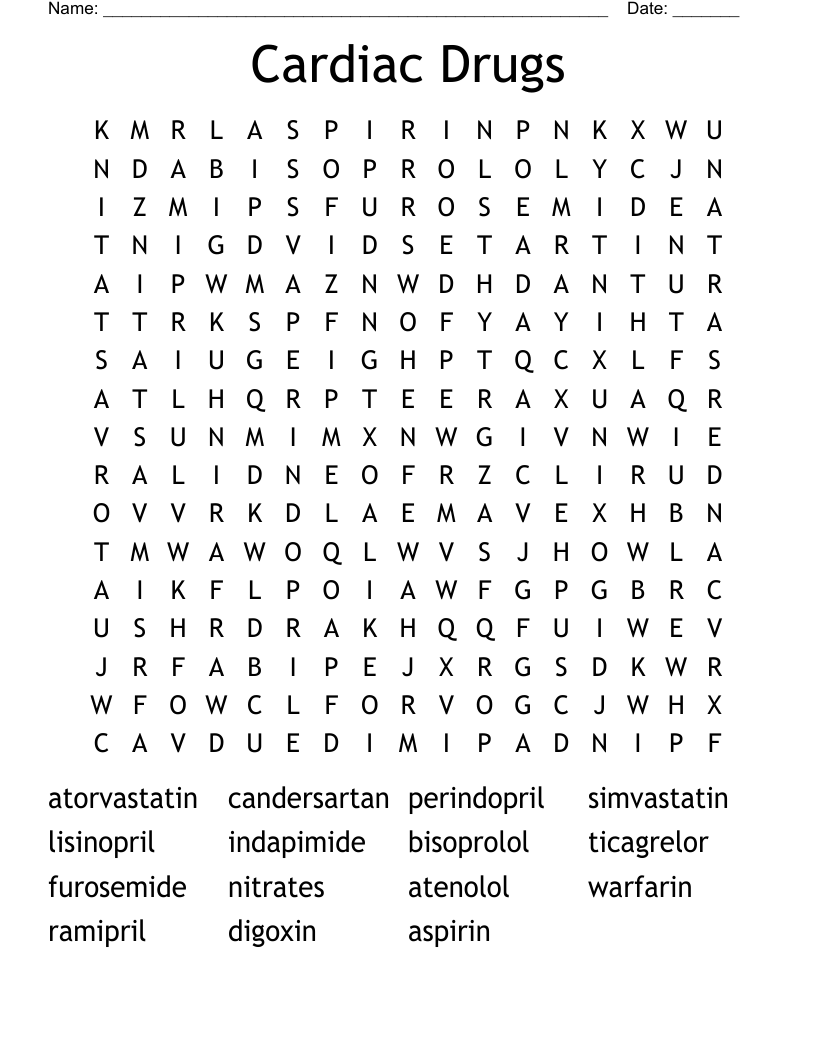 Cardiac Drugs Word Search