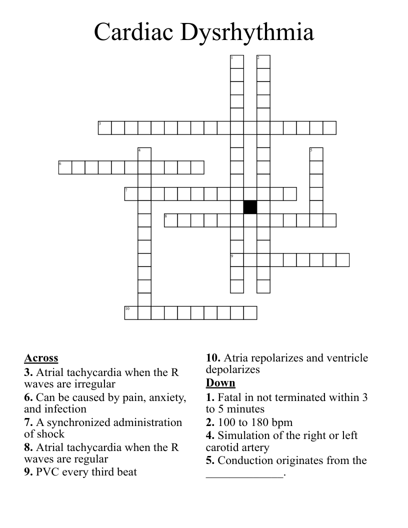 Cardiac Dysrhythmia Crossword