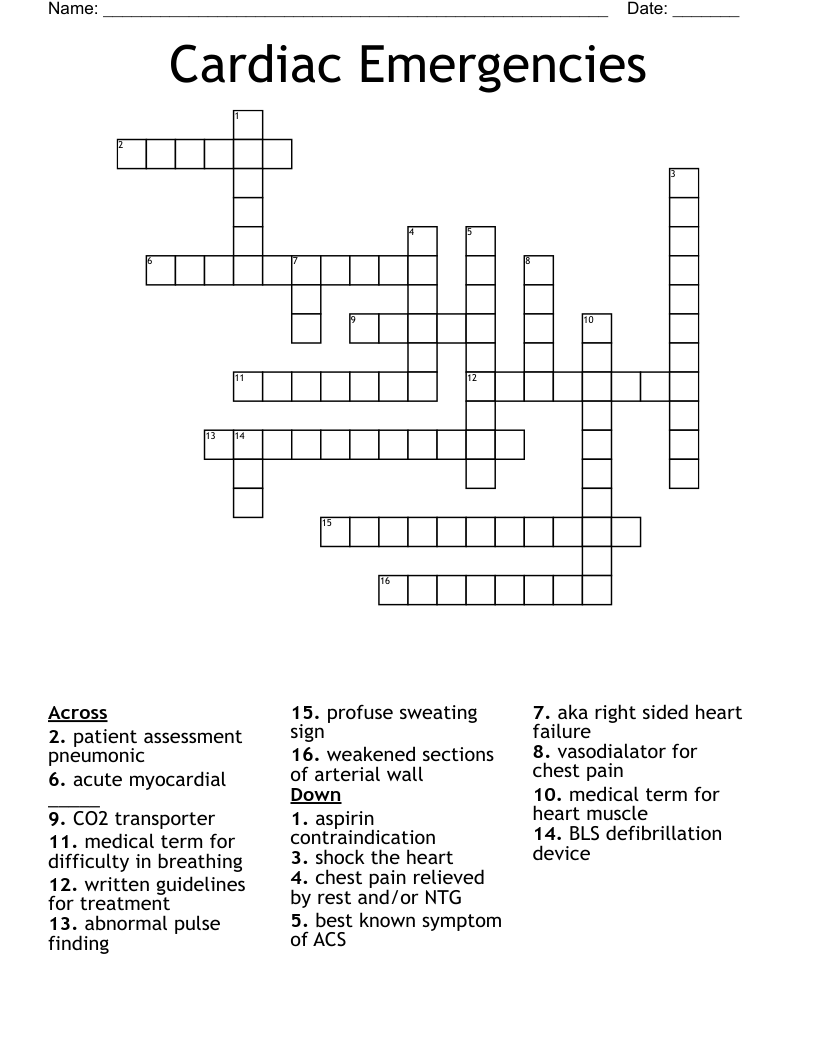 Cardiac Emergencies Crossword