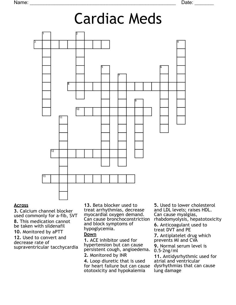 Cardiac Meds Crossword