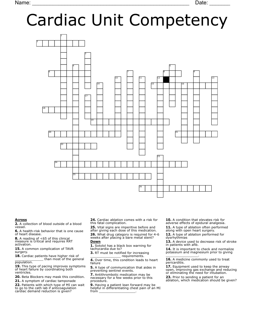 Cardiac Unit Competency Crossword