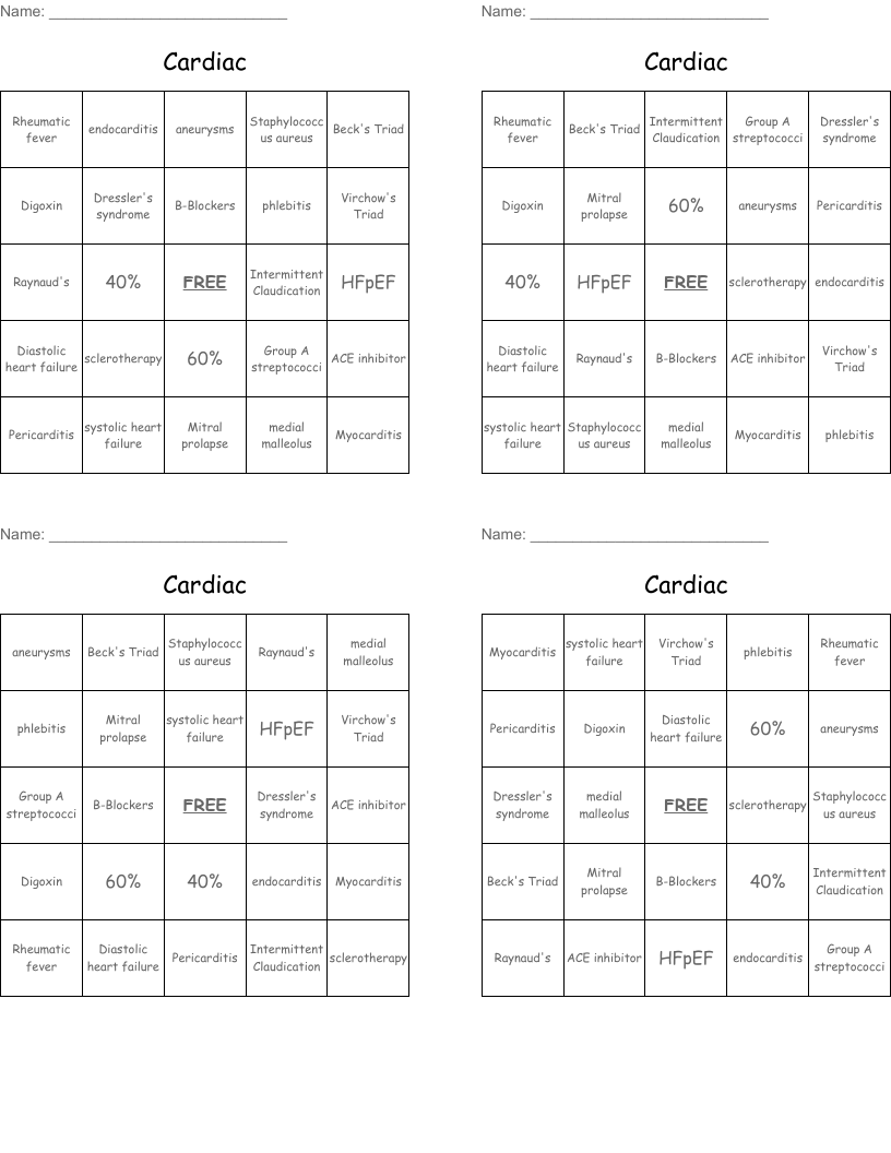 Cardiac  Bingo Cards