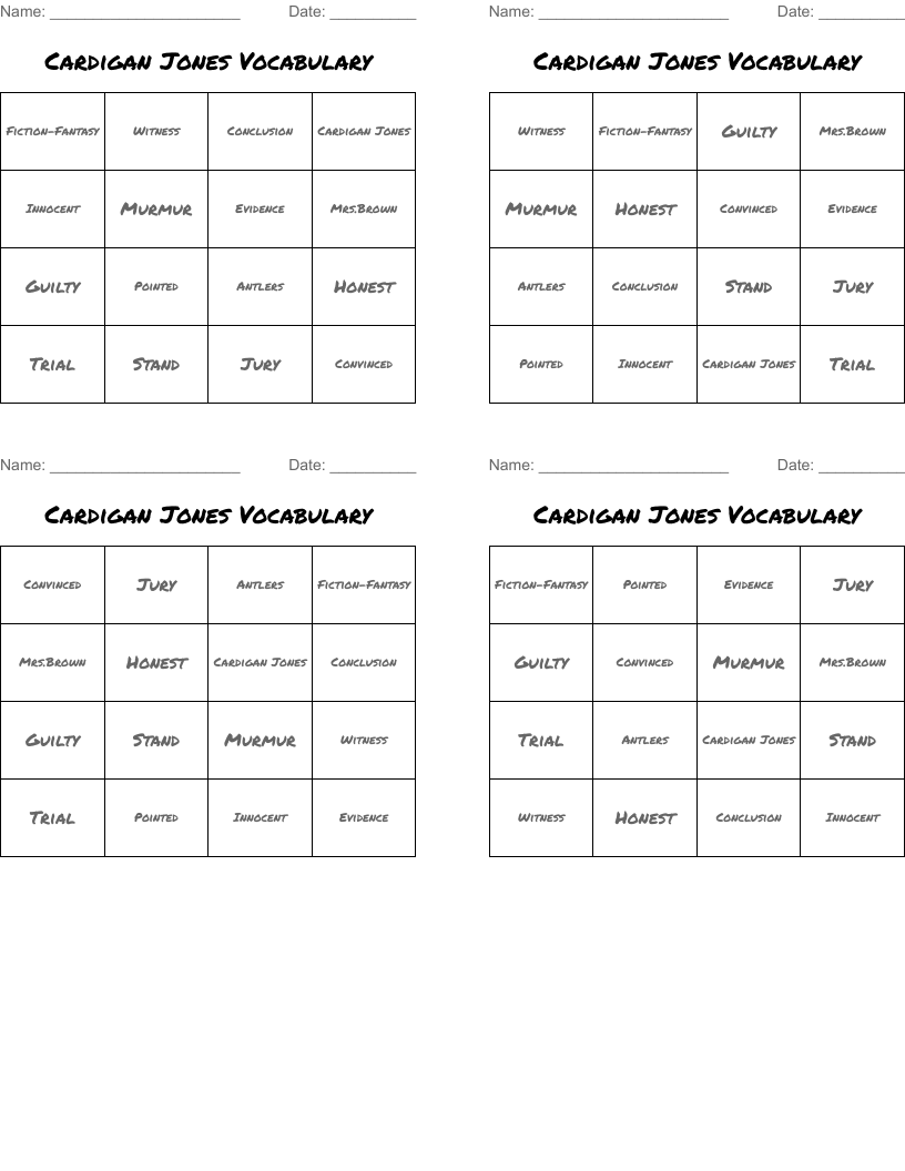 Cardigan Jones Vocabulary Bingo Cards