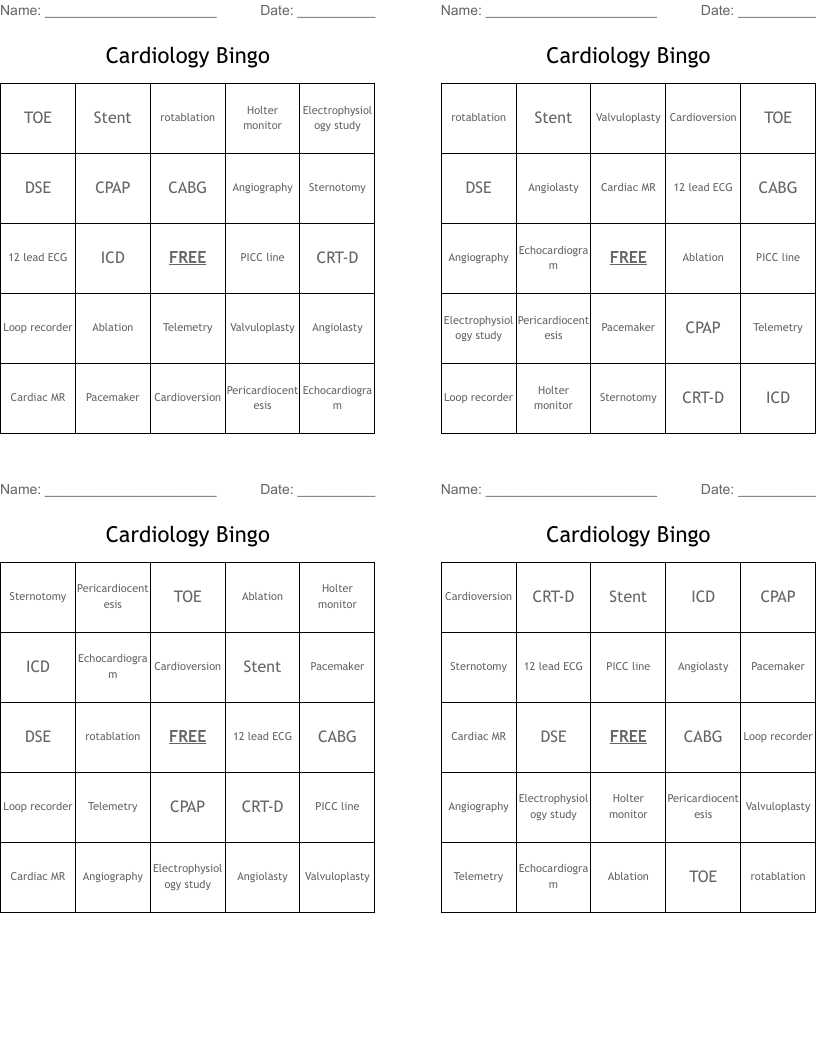 Cardiology Bingo