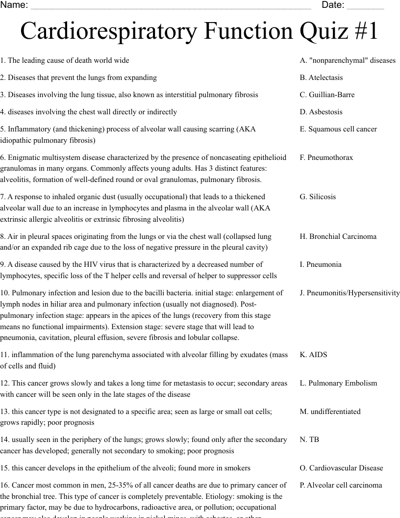 Cardiorespiratory Function Quiz #1 Worksheet