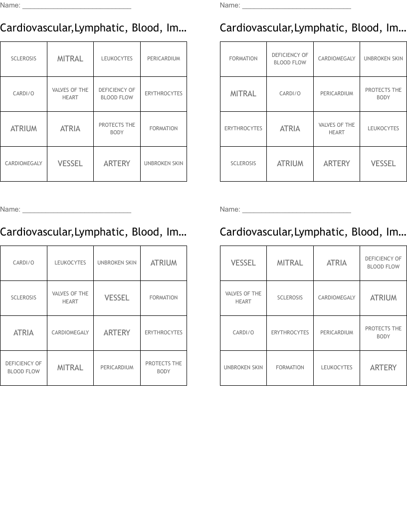 Cardiovascular,Lymphatic, Blood, Immune Bingo Cards