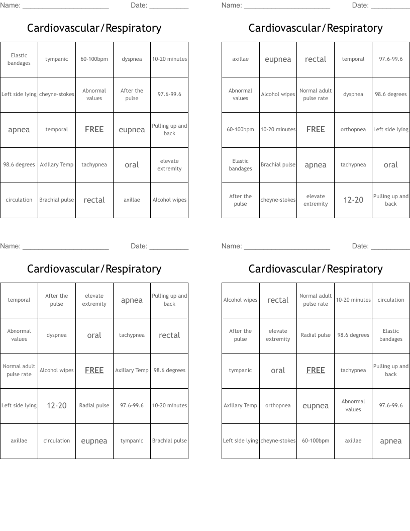 Cardiovascular/Respiratory Bingo Cards