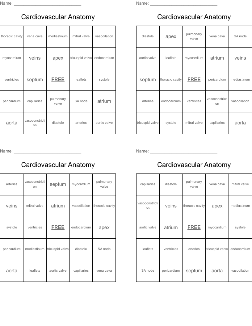 Cardiovascular Anatomy Bingo Cards