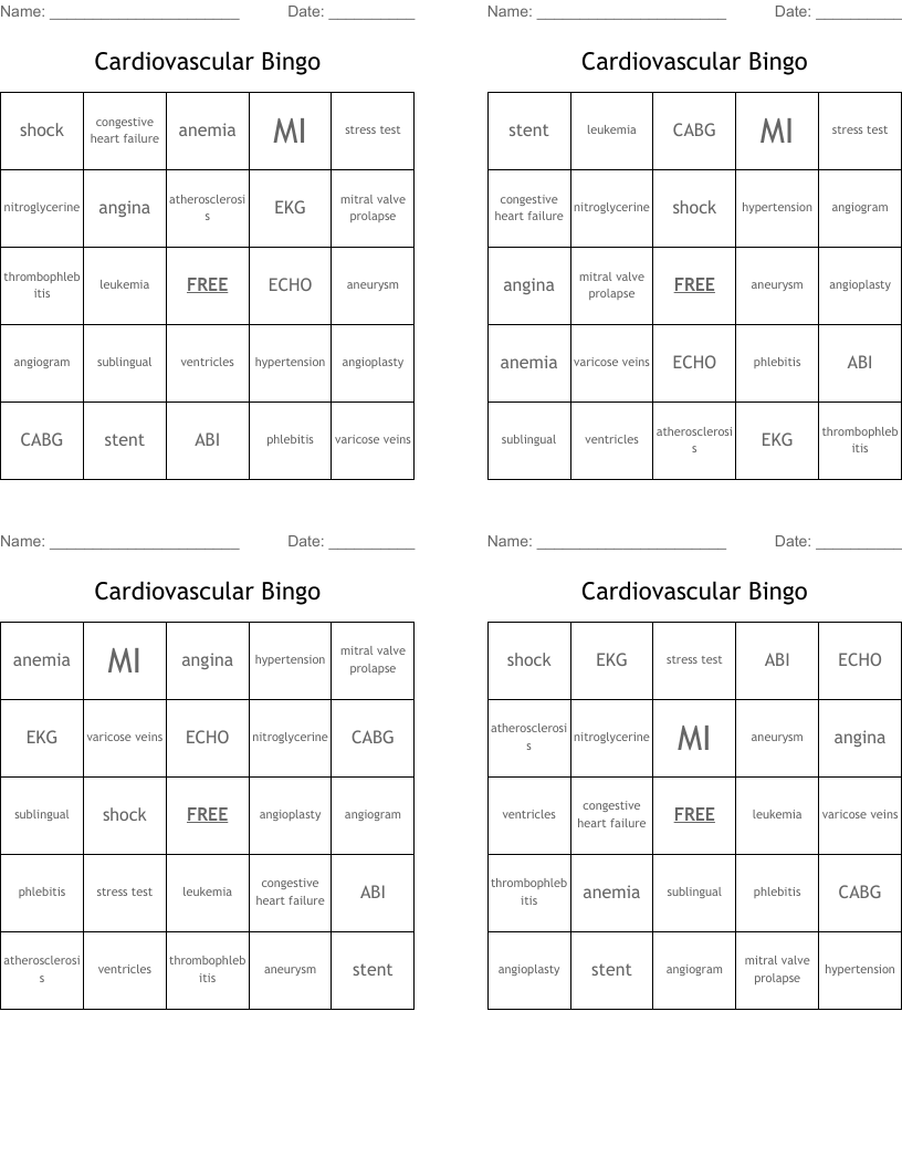 Cardiovascular Bingo