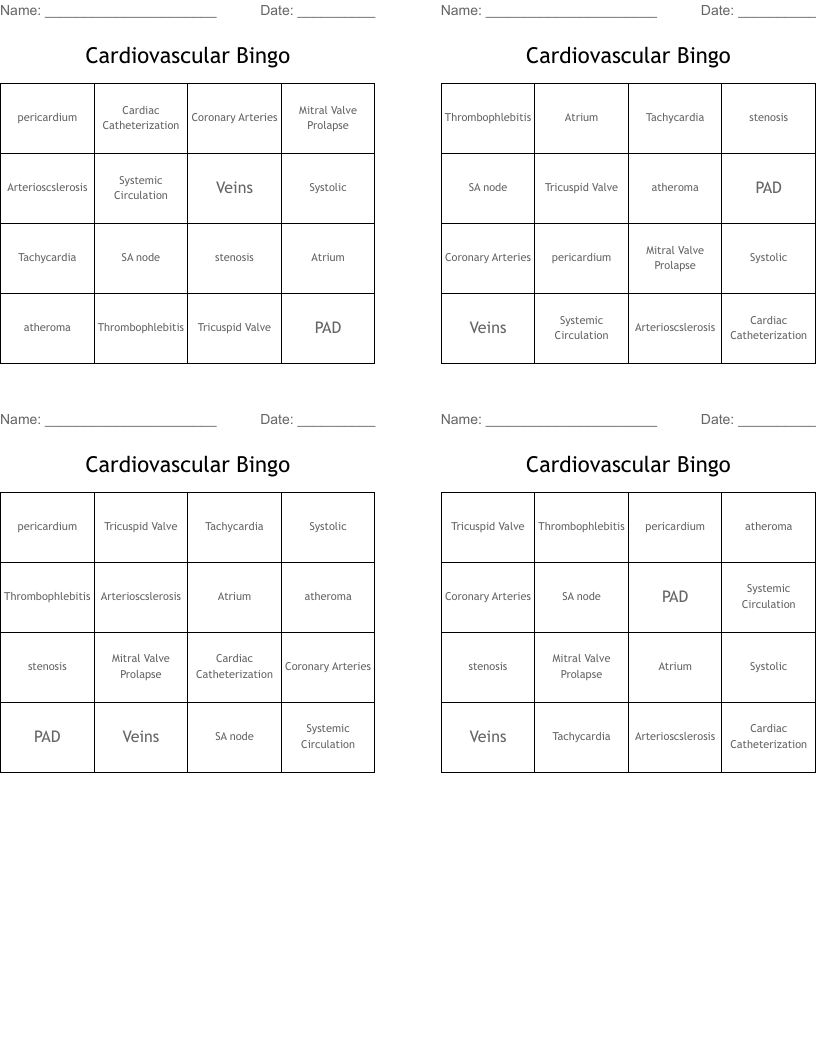 Cardiovascular Bingo 