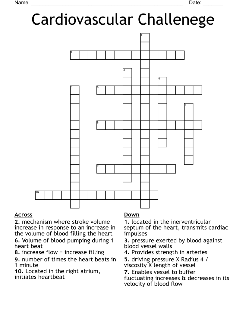 Cardiovascular Challenege Crossword