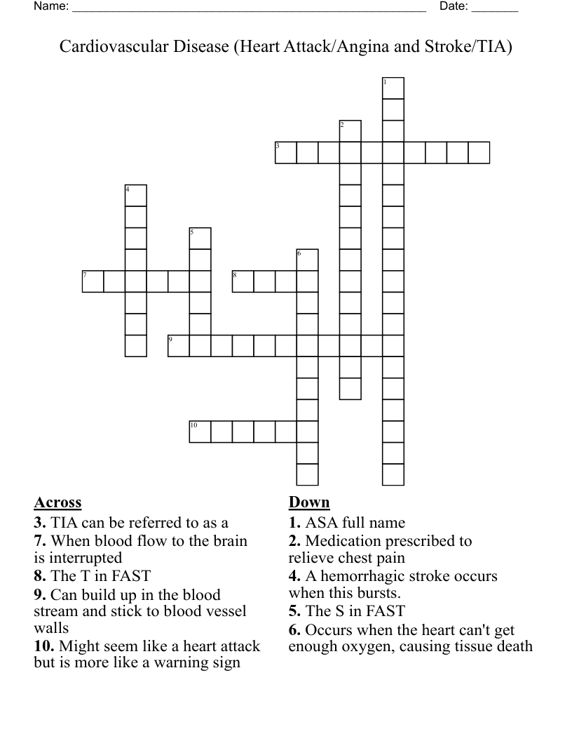 Cardiovascular Disease (Heart Attack/Angina and Stroke/TIA) Crossword