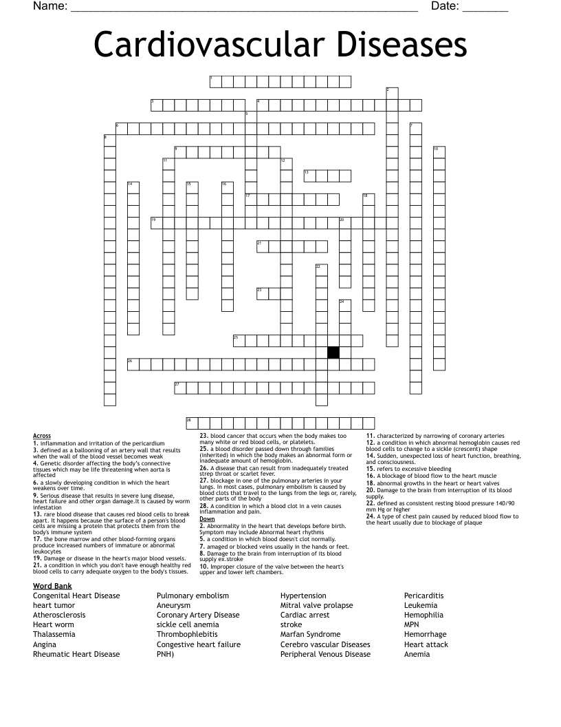 Cardiovascular Diseases Crossword