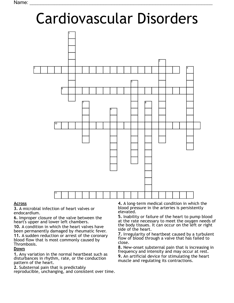 Cardiovascular Disorders Crossword
