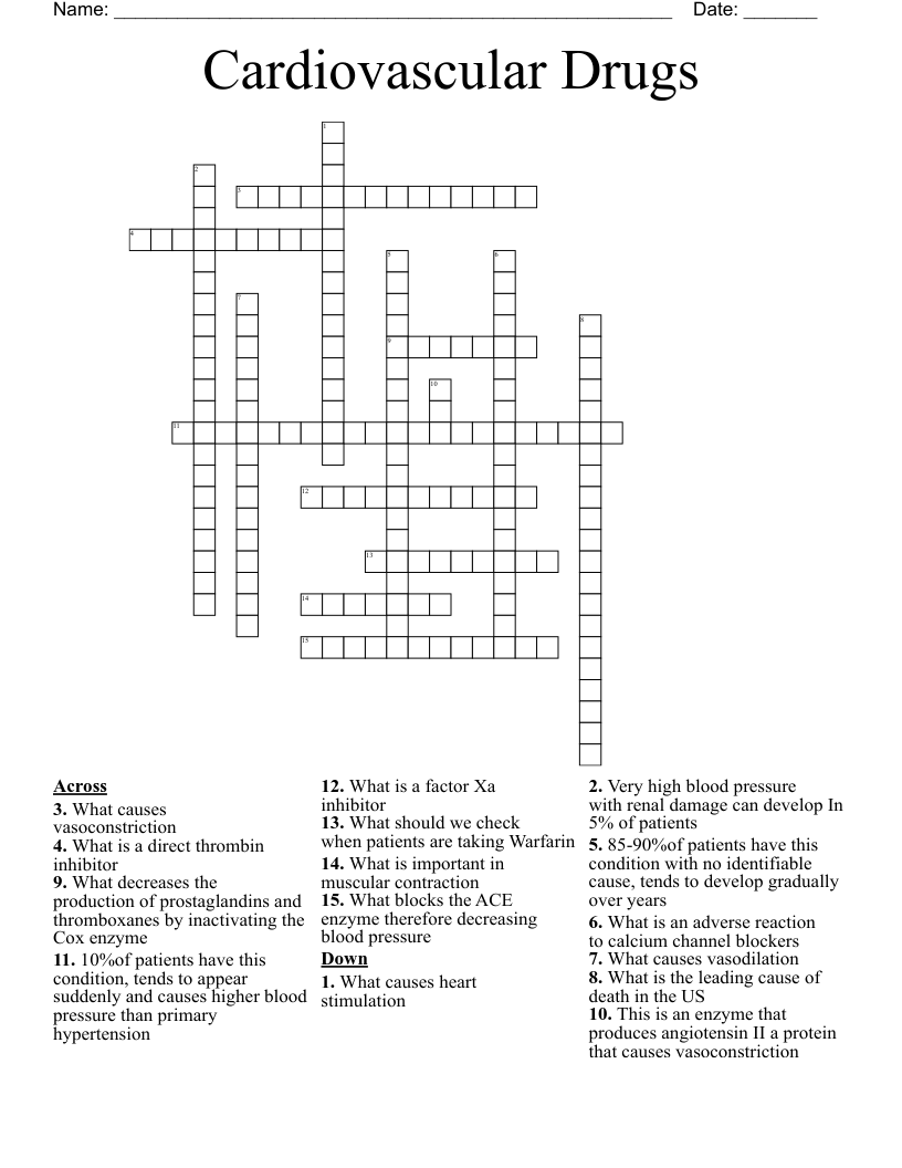 Cardiovascular Drugs Crossword
