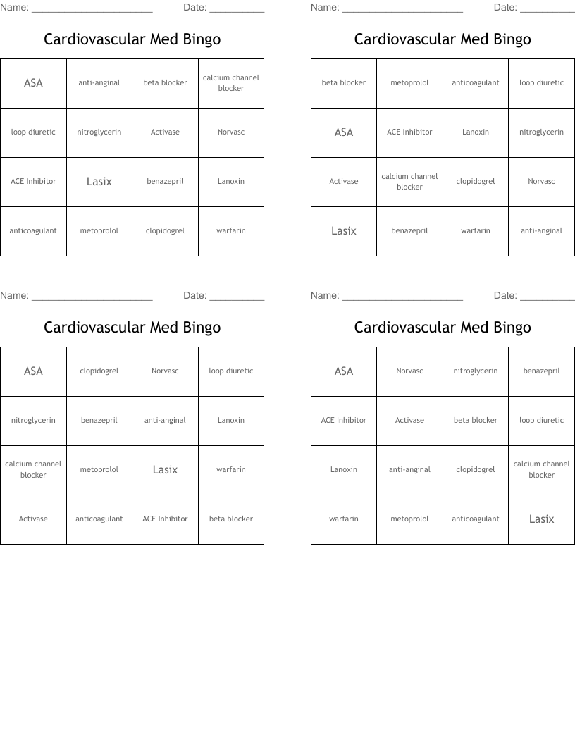 Cardiovascular Med Bingo