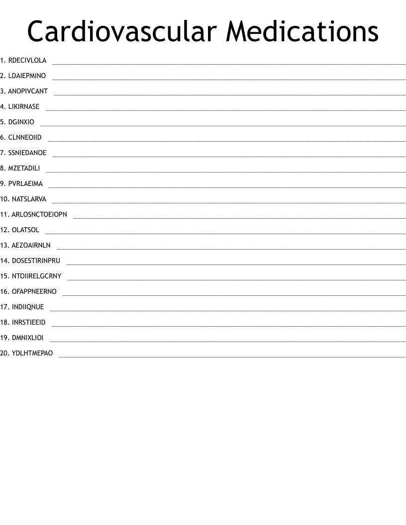 Cardiovascular Medications Word Scramble